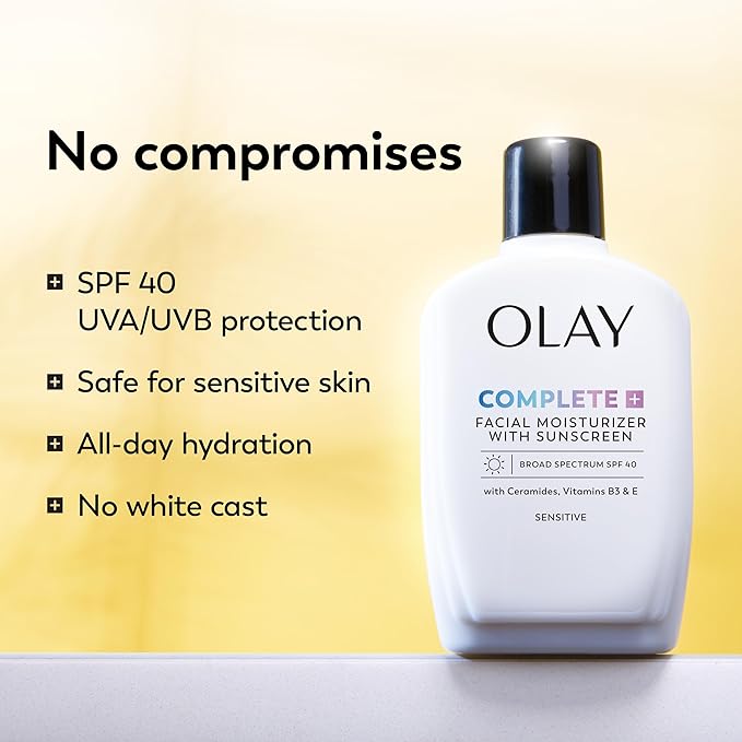 Olay Complete+ Face Moisturizer with Sunscreen SPF 40, For Sensitive Skin, Broad Spectrum Sun Protection, Fragrence-Free - No White Cast on All Tones, Nourishes Moisture Barrier - Ceramides, 6 Oz