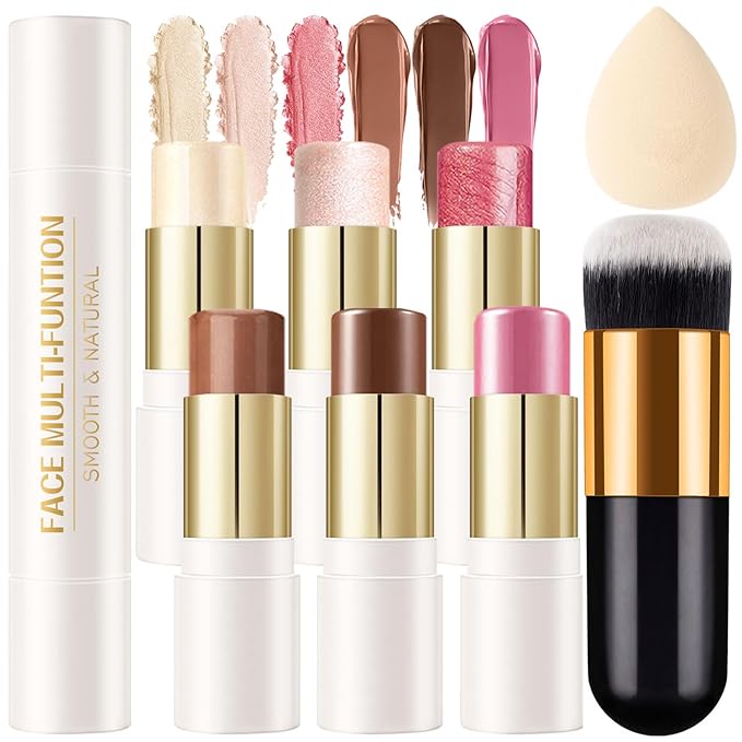 6 Colors Cream Contour Stick Makeup Kit, Shades with Highlighter Stick, Blush Stick and Double-End Bronzer Stick for Sculpt the Cheeks, Waterproof,Dewy & Matte Finish for Beginners (6 COLORS SET B)