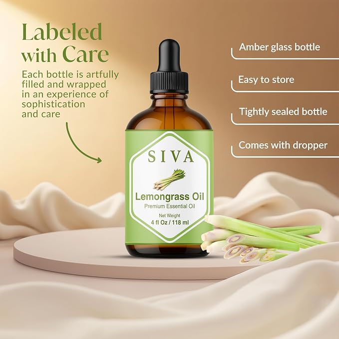 Siva Lemongrass Essential Oil 4 Fl Oz – for Diffuser, Skin & Hair Care – Ideal for Massage & DIY Blends- with Dropper