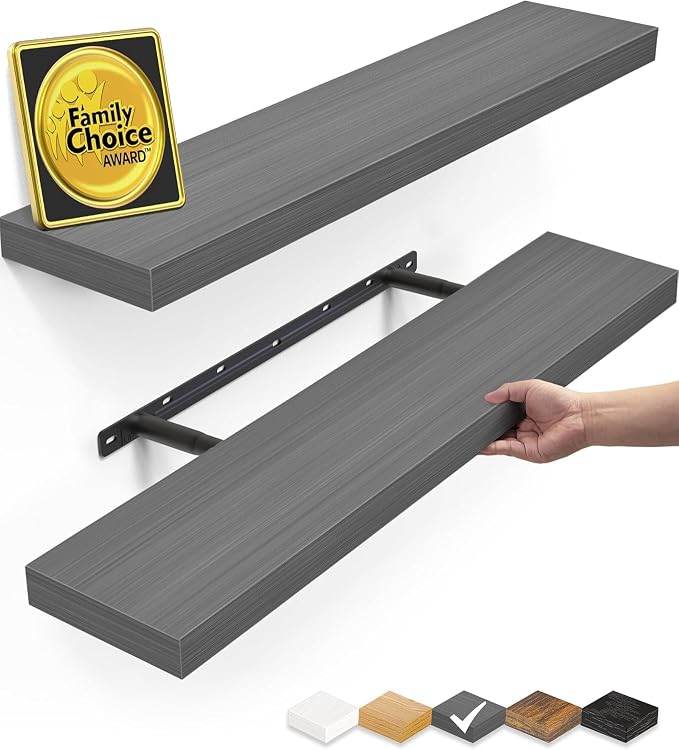 BAYKA Grey Floating Shelves 22.5in, Set of 2, Wall Mount Rustic Wood Shelf | Easy Install, 22lbs Max Load, Hidden Bracket, for Bathroom Bedroom Kitchen Book Storage Decor, Multi-Wall Compatible
