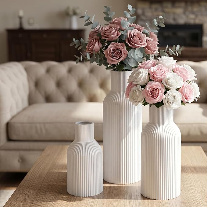 White Ceramic Flower Vase Set of 3 Matte Ribbed Waterproof | Waterproof interior for fresh or dried pampas. Minimalist centerpiece for living room, entryway, office, or wedding