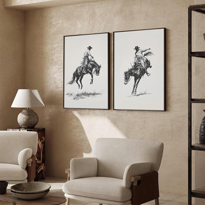 Western Cowboy Wall Art Decor Vintage Western Canvas Posters Retro Rodeo Prints Farmhouse Southwestern Pictures Cowboy Painting Antique Mid Century Artwork for Bathroom Bedroom 16x24x2 Inch Unframed