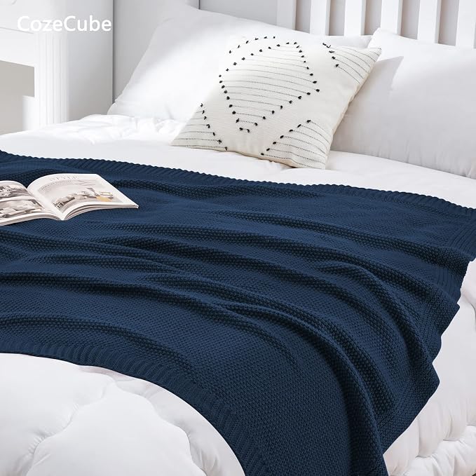 CozeCube Navy Blue Seed Stitch Throw Blanket 60"x80", Farmhouse Decor | Blanket for Couch, Soft Cozy Cable Knit Throw for Bed Sofa Living Room, Lightweight Warm Decorative Christmas Blanket