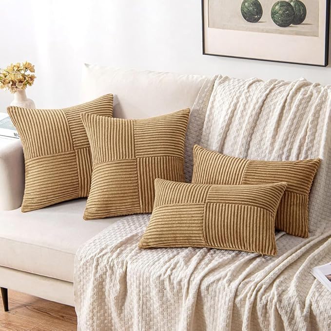MIULEE Camel Brown Decorative Throw Pillow Covers for Couch 18x18 Inch | 2 Pack, Boho Farmhouse Pillow Covers, Soft Cross Corduroy Patchwork Textured Cushion Cases For Bed Sofa