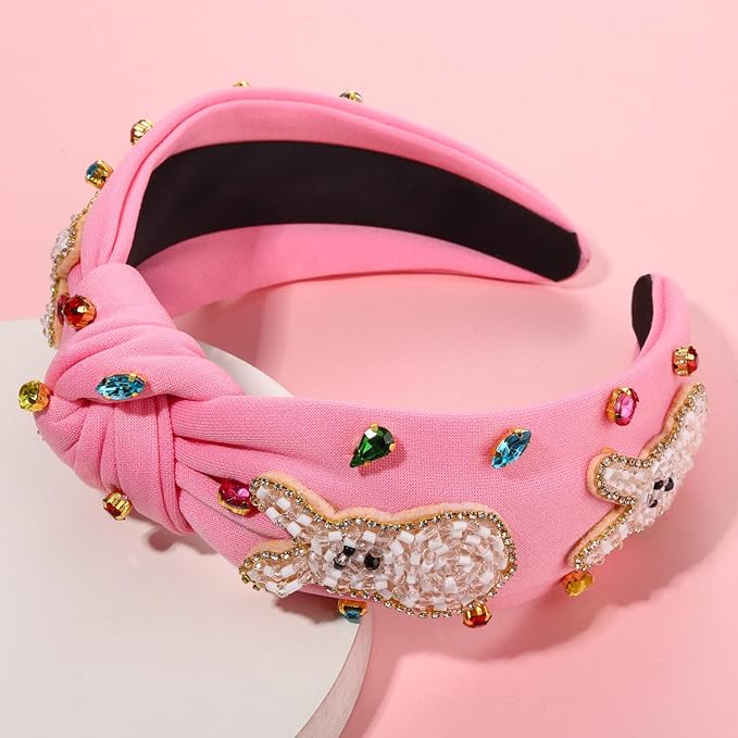 mokkia Easter Headbands Beaded Rabbit Bunny Headband for Women Pink Spring Knotted Headband Easter Hair Accessories Gifts