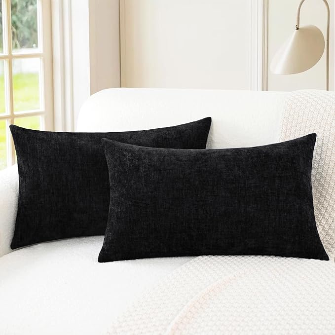 CaliTime Decorative Couch Throw Pillow Covers 26 X 16 Inches Black | Pack of 2, Cozy Chenille Cushion Cases for Sofa Bed Living Room Farmhouse Home