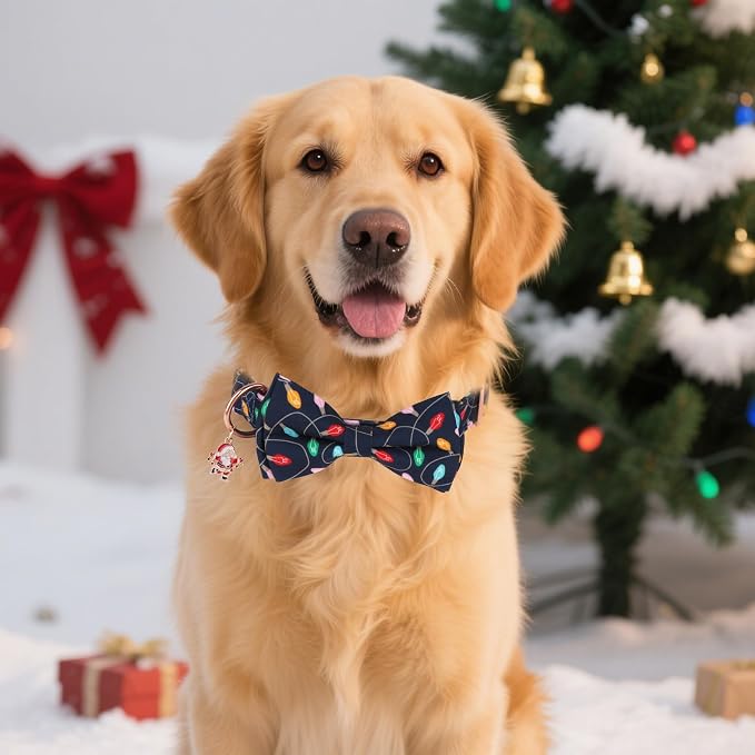 ADOGGYGO Christmas Dog Collars with Bow, Detachable Xmas Light Print Bowtie, Metal Buckle, Adjustable Christmas Collars for Large Dogs Boy Girl (Large)