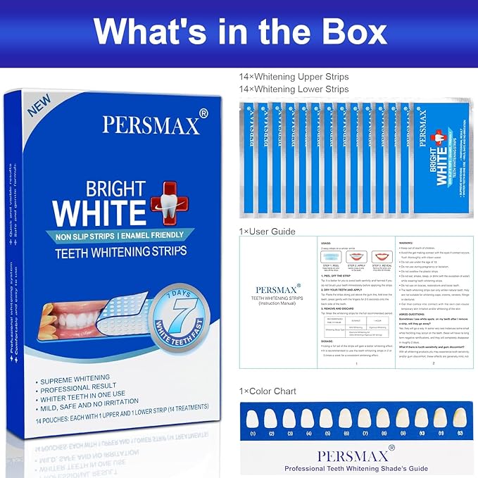 PERSMAX Teeth Whitening Strips – Professional Dentist Approved, Gum-Safe Formula, 28 Non-Slip Strips Kit, 14 Treatment, Pain-Free Express Whitening in 30 Min, Easy to Use for Bright Smile
