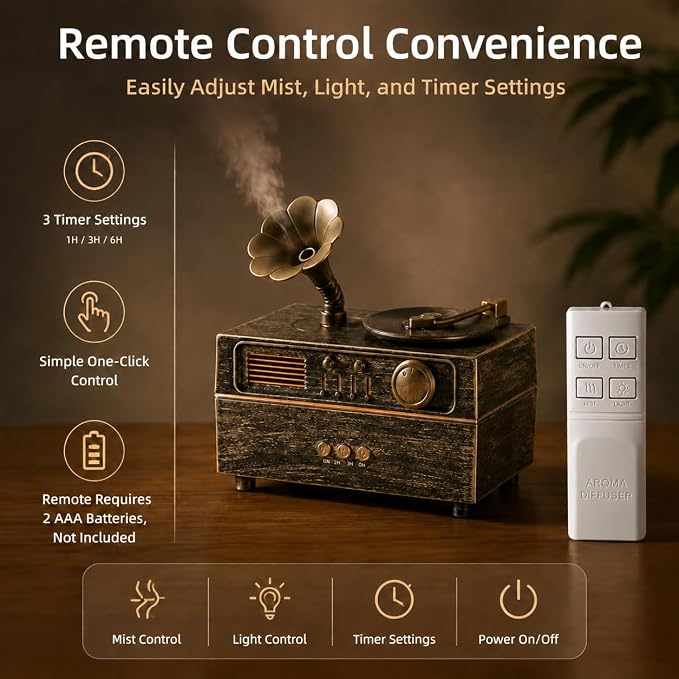 Vintage Gramophone Humidifier, 160ML Aroma Diffuser with Colorful LED Light, Remote Control, Auto Shut-Off, 3 Timer Settings, Essential Oil Diffuser for Bedroom, Office, Home Decor