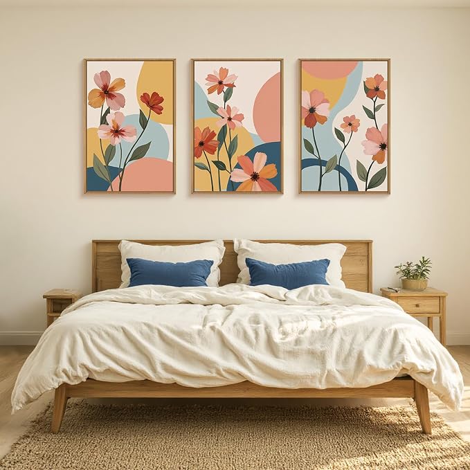 FWIEXA Colorful Flower Canvas Wall Art,Boho Flower Framed Wall Art Pink,Minimalist Wildflower Wall Decor,Abstract Floral Art Prints,Modern Orange Floral Artwork Daisy for Living Room Bedroom 24x36''x3