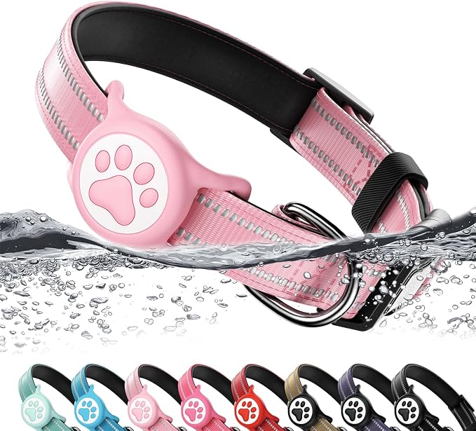 Premium Airtag Dog Collar，with IP68 Waterproof AirTag Holder,Pink,S | Soft,Breathable,Nylon Padded,Reflective,Ultra-Durable Buckle,Adjustable,Comfortable for Small Medium Large Dogs