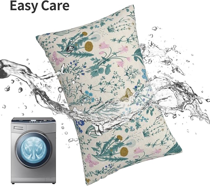 AEIOAE Spring Pillow Covers 12x20 Inch Set of 2,Blue Teal Wild Flower Plant Throw Pillows Case,Seasonal Floral Outdoor Decorative Linen Farmhouse Decor Cushion Covers for Home Sofa Bed Couch