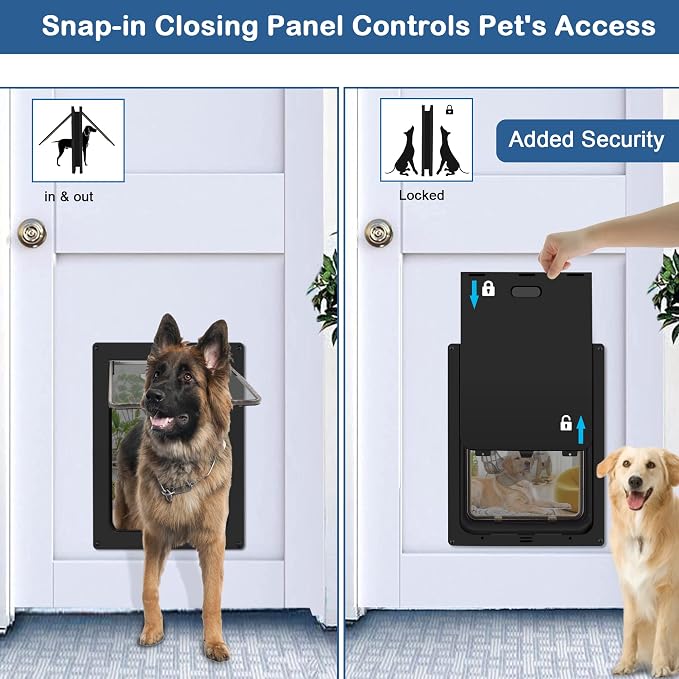 CEESC Large Dog Door, Snap-in Closing Panel, Up to 80 lbs, Durable, Black | Flap 11.75"x16.5", cut-out 12.4"x15.5". Fits doors 1.25-2.06in. Weatherproof ABS, magnetic seal