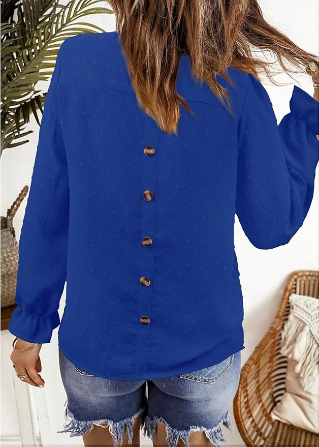Womens Boho Tops Long Sleeve Shirts For Women Cute Crewneck Blouse Dressy Casual Swiss Dot Crochet Hollow Top 2026