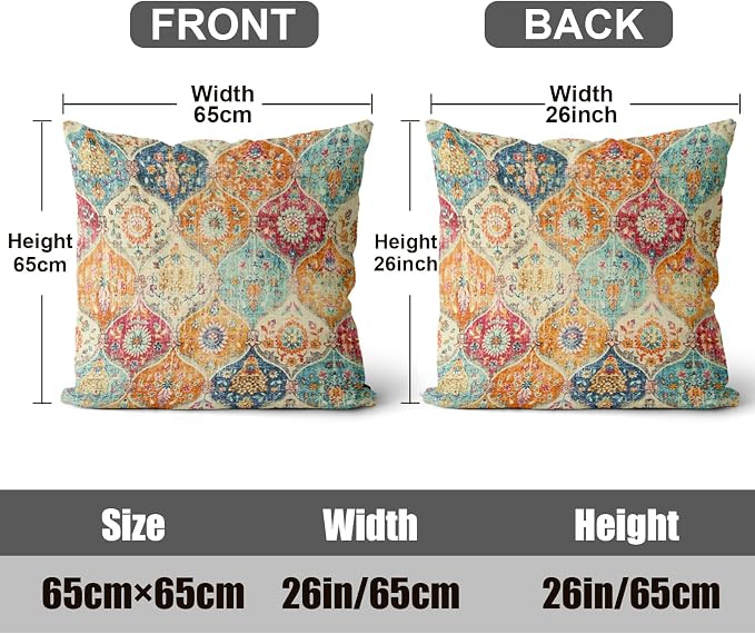 Boho Throw Pillow Covers 26x26 inch Set of 2,Soft Pillowcases Bohemia Carpet Printing Pattern Decorative Sofa Living Room Bed Square Pillow Case Cushion Cover-Cream Color
