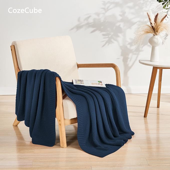 CozeCube Navy Blue Seed Stitch Throw Blanket 60"x80", Farmhouse Decor | Blanket for Couch, Soft Cozy Cable Knit Throw for Bed Sofa Living Room, Lightweight Warm Decorative Christmas Blanket