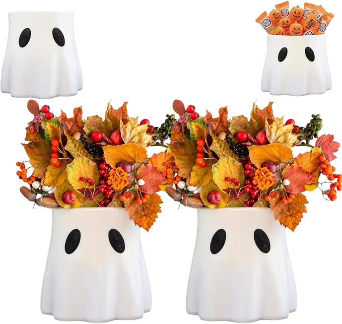 Ghost Bucket Planter, Cute Ghost Design, Plastic, Indoor & Outdoor Decor, Versatile for Plants or Halloween Treats, Durable and Weather-Resistant, Spooky Home or Garden Decoration (7.87‘ X 2)
