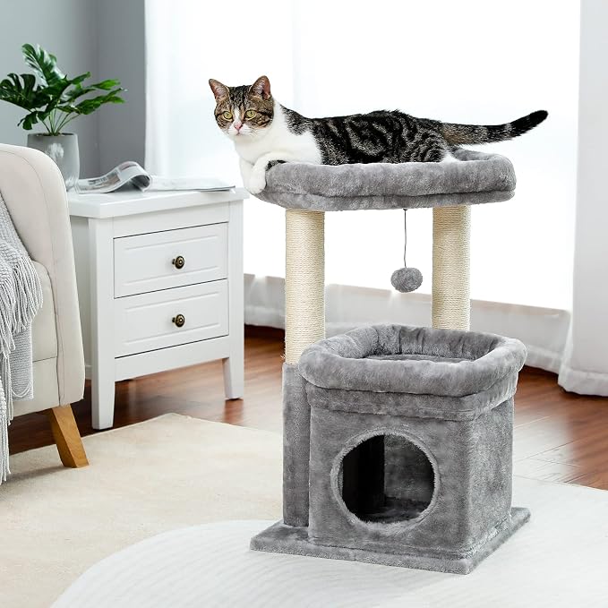 PEQULTI Indoor Cat Tree Tower Small Cats, Sisal Post & Cozy Condo, Grey | Private soft cat condo, soft top perch, natural sisal scratch posts, plush pom-pom toy for indoor kitties