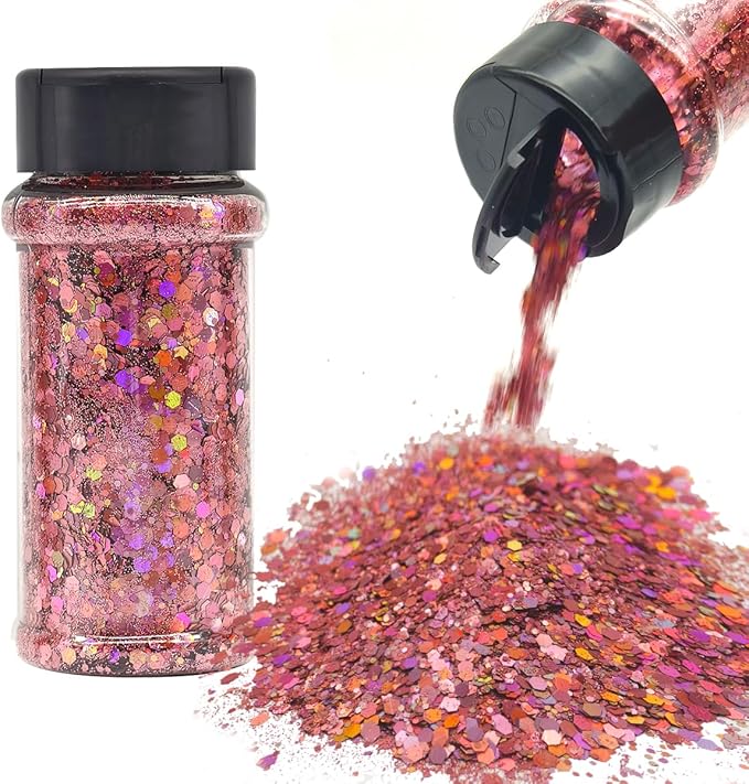 Pink - Holographic Craft Glitter - 2oz Glitter Shaker Bright Colorful Mix Chunky Body Glitter Bulk - 24 Colors in Shaker, Cosmetic Grade Glitter - LB911