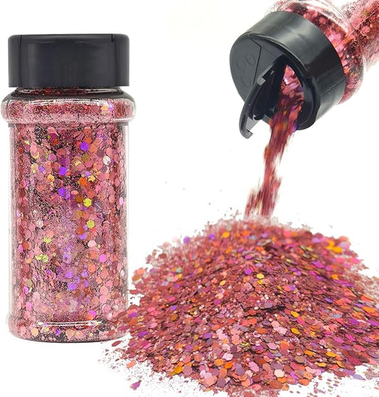 Pink - Holographic Craft Glitter - 2oz Glitter Shaker Bright Colorful Mix Chunky Body Glitter Bulk - 24 Colors in Shaker, Cosmetic Grade Glitter - LB911
