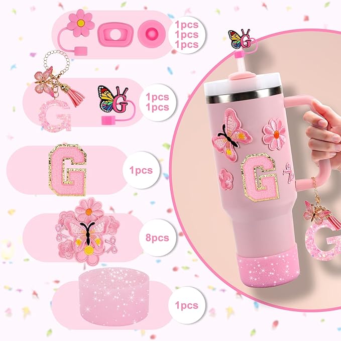 15PCS Cup Accessories Set for Stanley Cup 30oz 40oz Tumbler with Handle, Including Silicone Straw Cover and Boot, Spill Proof Stopper, Stanley Charms, Handle Charm, Initials Sticker