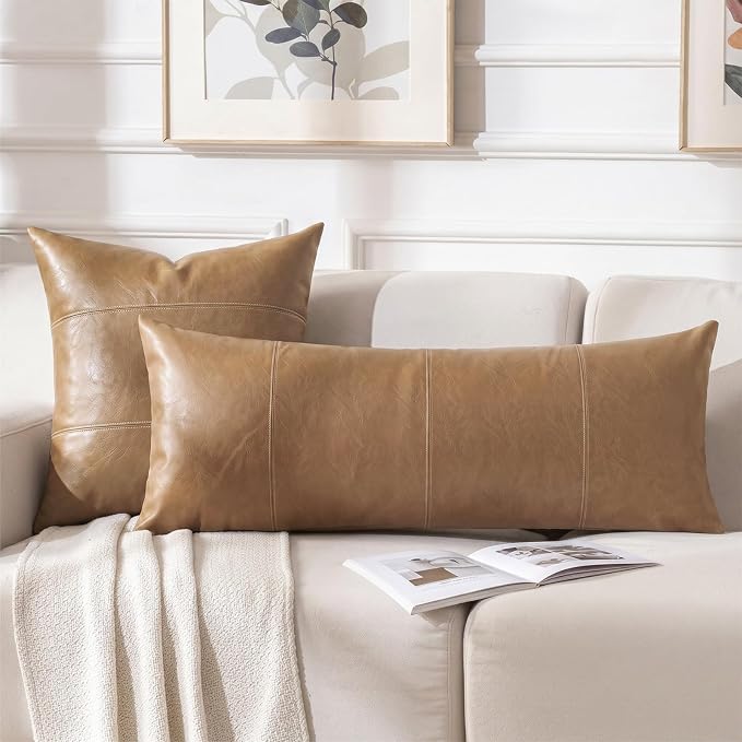 Fancy Homi Light Brown Boho Long Lumbar Faux Leather Decorative Throw Pillow Covers 14x36 Inch for Living Room Couch Bed Sofa, Hand Stitched Rectangle Cushion Case, Rustic Modern Farmhouse Home Decor