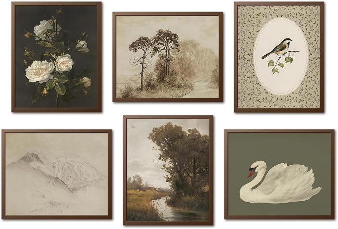 Mynotix Vintage Art Prints Posters Retro Botanical and Animal Wall Art Set of 6, Rustic Farmhouse Landscape Unframed Decor Canvas Painting Picture Aesthetic for Living Room Bedroom 8x10 inch