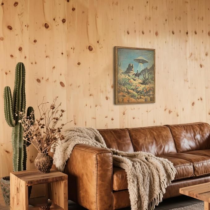 Vintage Intergalactic Western Wall Art Scifi Alien UFO Cowboy Rider Wall Decor Painting Funny Southwest Flying Saucer Poster Canvas Print Picture for Living Room Bedroom 12x16 inch Wood Framed