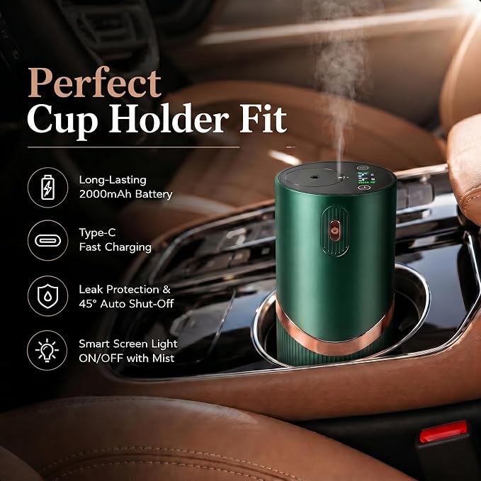 Waterless Essential Oil Diffuser, Mini Scent Air Machine Portable Diffuser for Home Car Office, Battery Operated Aromatherapy Diffuser with 10mL Hotel Scent Fragrance Oil, Timer & 4 Mist Levels, Green