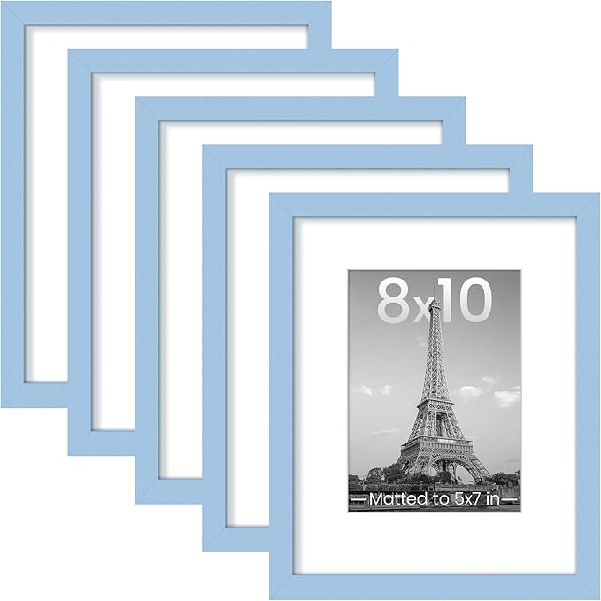 upsimples 8x10 Picture Frames, Gallery Wall Frames Set of 5, Blue | Photo Frame Collage Wall Decor, 8 x 10 Frame, 5x7 Frame with Mat for Family, Baby, Hallway, Christmas