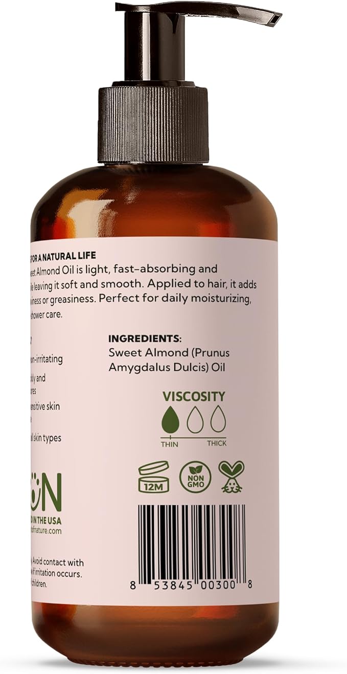Best of Nature 100% Pure Sweet Almond Massage & Body Oil, Deep Moisturizing Unscented Oil for Hair, Skin, Face, & Aromatherapy, Ideal Carrier Oil for Essential Oils (8 fl oz)