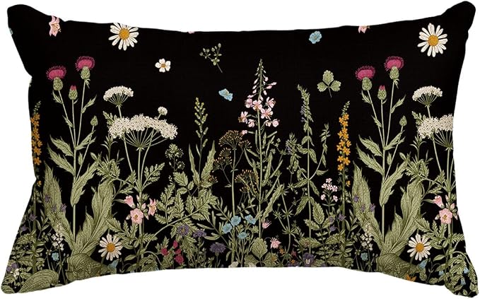 AVOIN colorlife Wildflowers Spring Black Throw Pillow Cover 12x20 Inch | Daisy Cushion Case Decoration for Home Sofa Couch