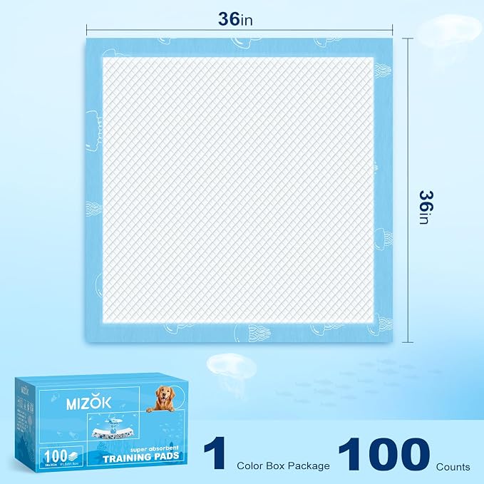 MIZOK XXL Pee Pads for Dogs Super Absorbent Dog Pee Pads Bulk 36x36in 100Ct | Heavy Duty Blue Pet Training Pads Feature Unique Jellyfish Designs and Leak Proof Adhesive Tabs for Large Dog Needs