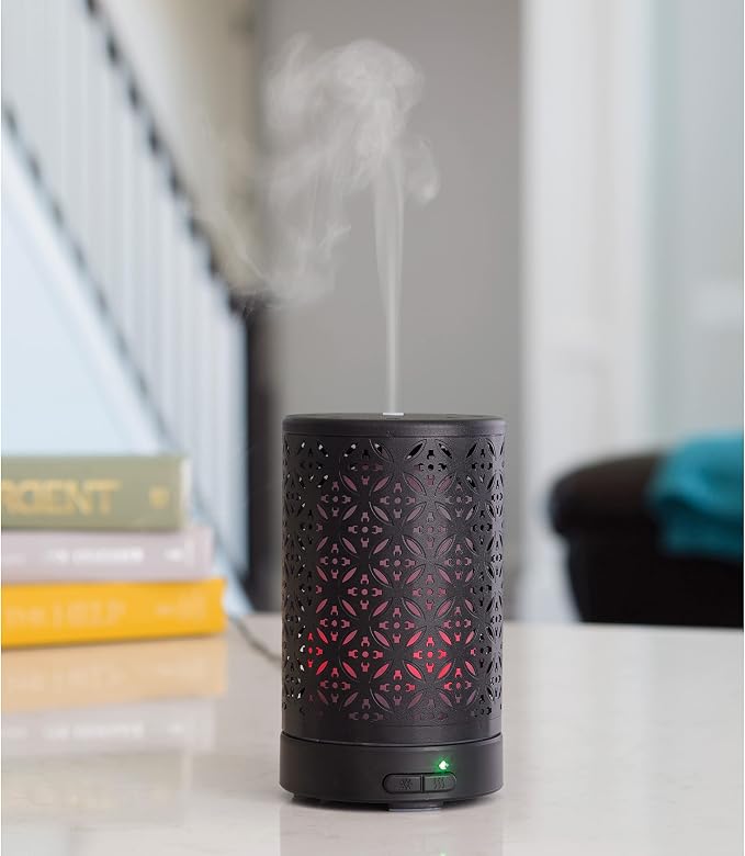 Airome Twilight Medium Cut-Metal Essential Oil Diffuser|100 mL Humidifying Ultrasonic Aromatherapy Diffuser 8 Colorful LED Lights, Intermittent & Continual Mist, Auto Shut-Off, Black