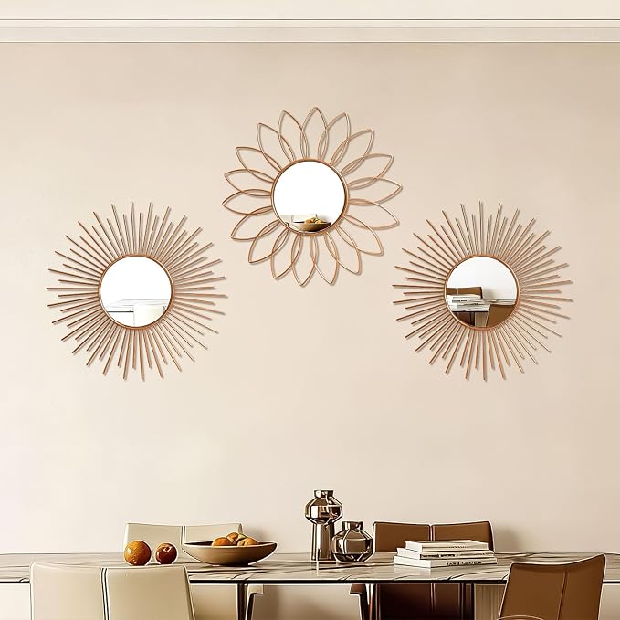 3 Pack Metal Mirrors for Wall Sunburst Wall Mirrors Home Décor Decorative Hanging Wall Art for Living Room Bedroom Entryway (Rose Gold2, Flower+Sunburst)