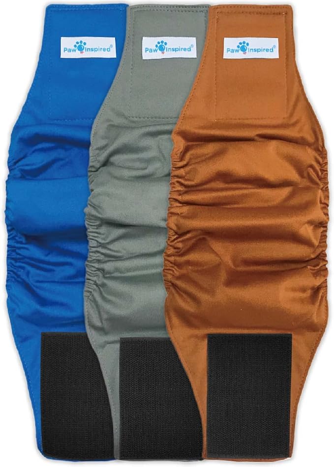 Paw Inspired Washable Male Dog Wraps, Assorted, Black Lining, Small, 3 Pack | S Size, Blue/Green/Brown Colors, Reusable Cloth Belly Bands for Potty Training, Marking, Incontinence, Travel, Surgery