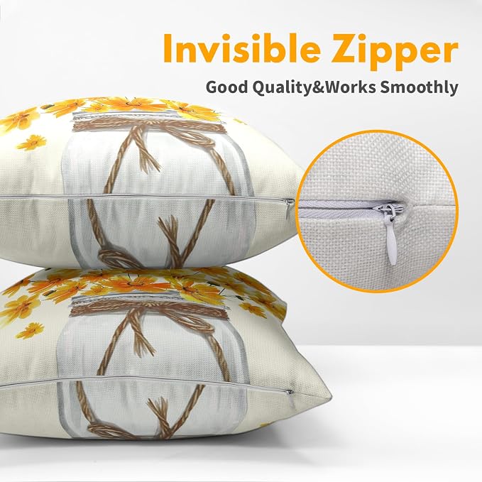 Kawani Yellow Floral Throw Pillow Covers 20x20 Set of 2 Watercolor Coreopsis Daisy Flowers Mason Jar Decorative Pillow Cases Cotton Linen Cushion Cover for Couch Sofa Outdoor Home Decor