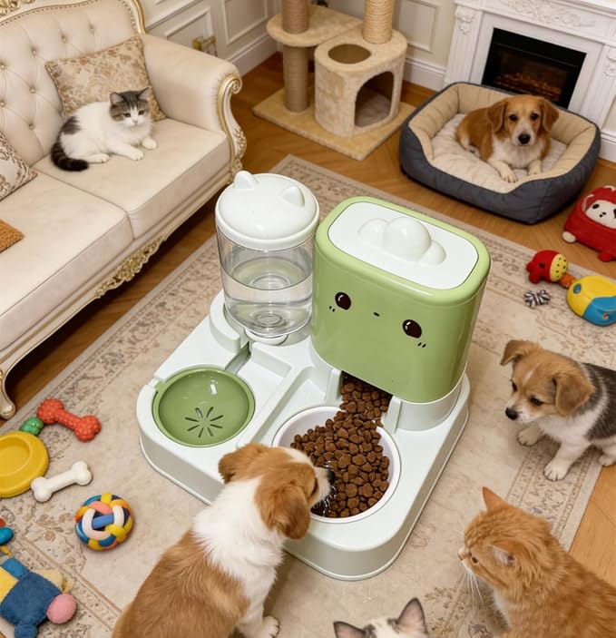 Pet Automatic Feeder Cat Dog Feeding Bowl Food Water Dispenser with Refillable Storage Container Large Capacity Rabbit Feeder Watering Bowls (Green)