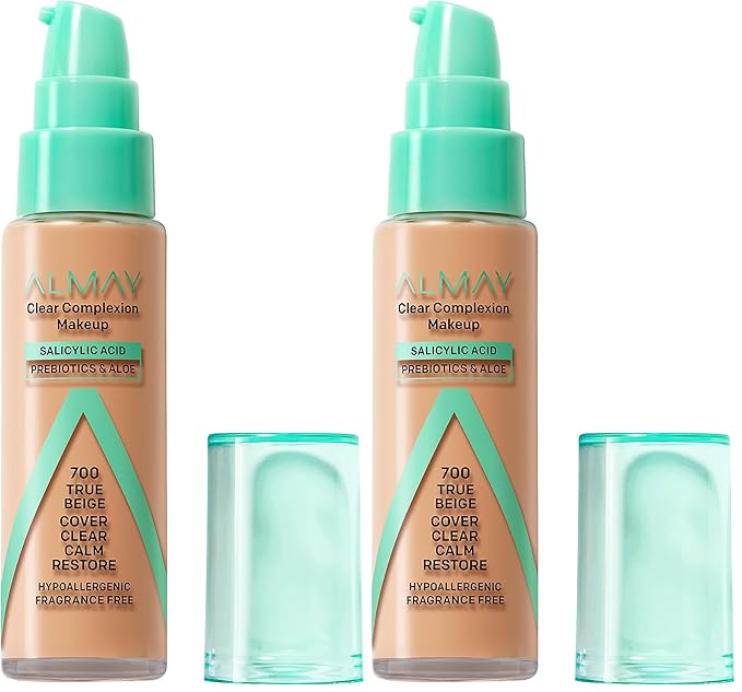 Almay Clear Complexion Acne Foundation Makeup with Salicylic Acid - Lightweight, Medium Coverage, Hypoallergenic, Fragrance Free, for Sensitive Skin, 700 True Beige, 1 fl oz. (Pack of 2)