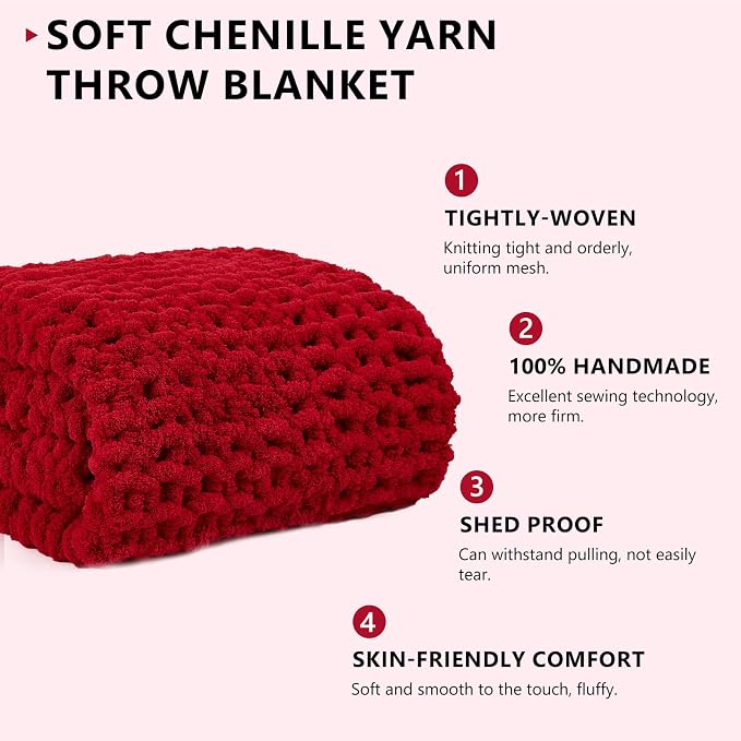 L'AGRATY Chunky Knit Throw Blanket for Couch, 40'' x 50'' Knit Throw, Red | Handmade Chenille Crochet Blanket for Sofa Bed, Thick Cable Knitted Blankets for Room Home Decor, Birthday Gift for Women Mom