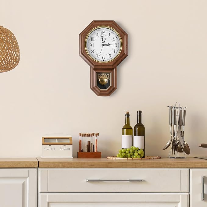 Pendulum Wall Clock,Imitation Wood Plastic Regulator Wall Clocks,Brown | Battery Operated,Non-Ticking,Retro Wall Decor Gift,Easy to Read,For Living Room,Dining Room,Schoolhouse,Farmhouse
