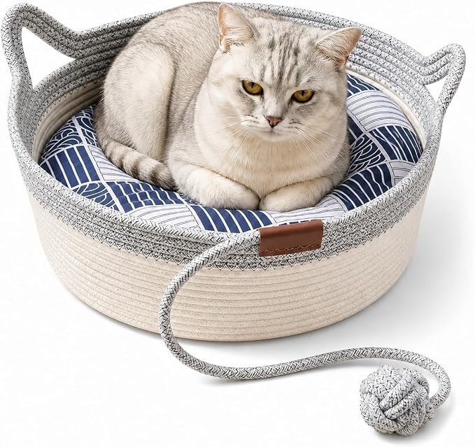 Instinct Basket for Cats - Handwoven Cotton Rope Enrichment Bed with Attached Toy Tail, Scratchable Interactive Pet Nest Features Flexible Walls to Fight Boredom & Protect Furniture (Grey & Mat, L)