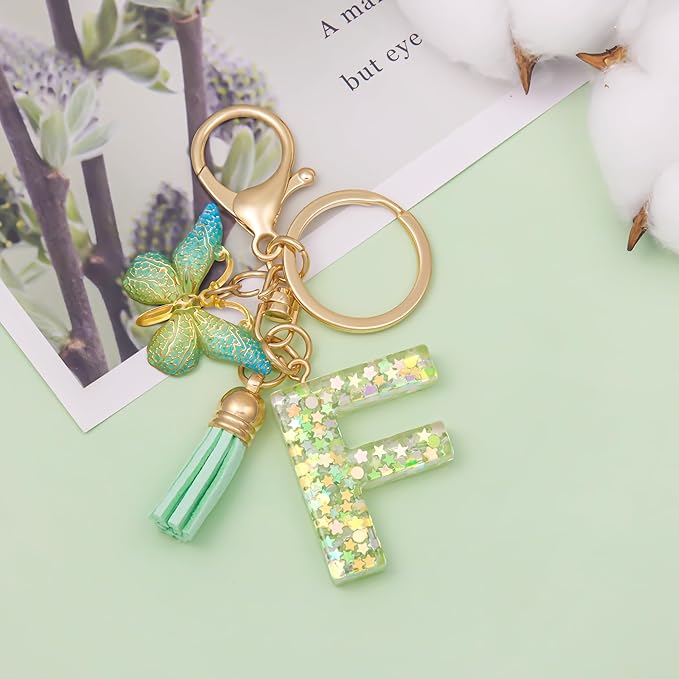 Fashion Alphabet Initial Letter Keychain Tassel Butterfly Pendant Key Ring for Purse Handbags Women Girl