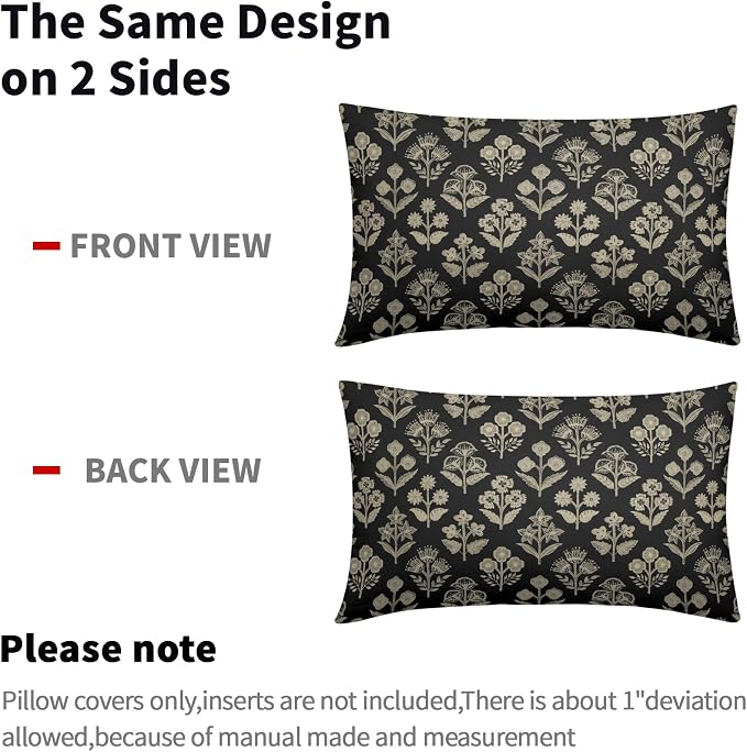 Black Pillow Covers 12x20 Inch Set of 2, Cream Floral Block Print Pattern Lumbar Decorative Throw Pillowcases Outdoor Farmhouse Rectangle Cushion Covers Spring Summer Sofa Couch Bed Decor