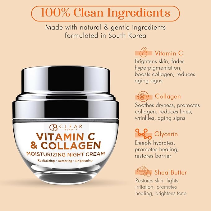 Clear Beauty Vitamin C & Collagen Face Moisturizer - Anti Aging Night Cream, Hydrates, Firms & Smooths Overnight - Dermatologist Tested, Korean Skin Care, Vegan, Clean Beauty - 1.69 Fl Oz