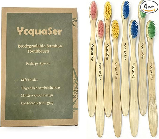 Ycquaser 8 Pack Bamboo Toothbrushes - Soft Bristles, BPA Free, Eco-Friendly Natural Wooden Toothbrushes for Adults & Family, Zero Waste Compostable Handle