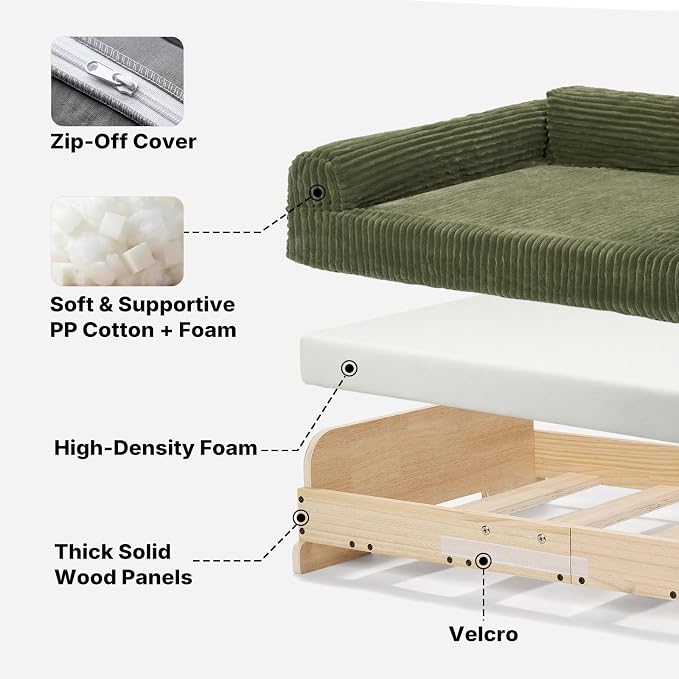 Veehoo Elevated Dog Bed Indoor, Wood Furniture Style Dog Couch Sofa | Small medium dogs sofa, sturdy wood frame, washable cover, easy assembly, supportive foam