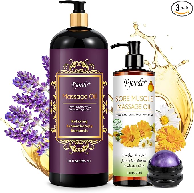 Pjordo Massage Oil for Massage Therapy, Lavender Massage Oils for Relaxation, Sore Muscle Arnica Oil with Massage Roller Ball, Calming, Moisturizing, Soothes Muscles, Spa Gift Set for Him Her