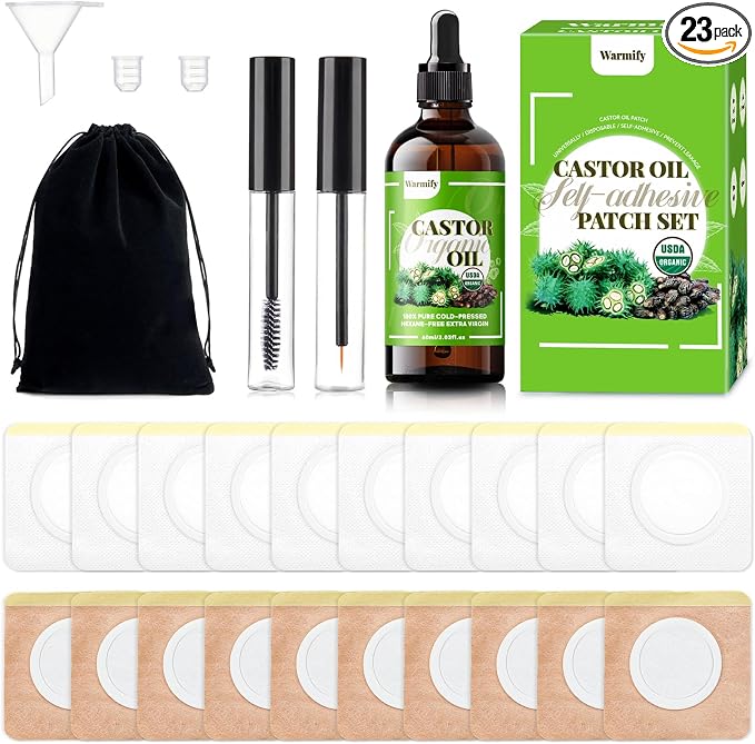 20 Pcs Castor Oil Patches with Organic Cold-Pressed Castor Oil (2.03oz) in Glass Bottle, Cotton Pack for Joints & Belly, Self-Adhesive & Disposable - Bonus Eyelash Care Kit