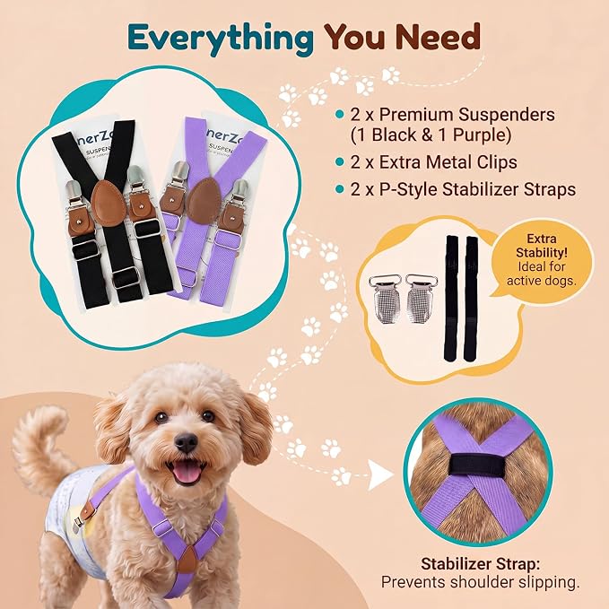2 Pieces Dog Diaper Suspenders, for Dog Diaper Female and Belly Band for Male